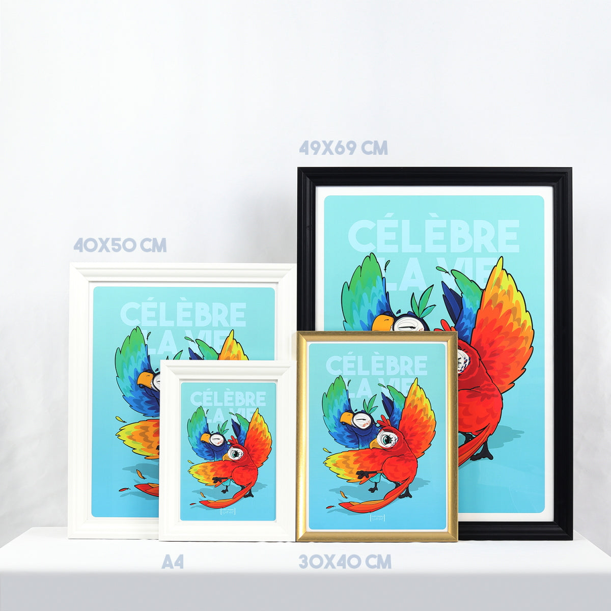 Colourful Parrots Poster in multiple frame sizes