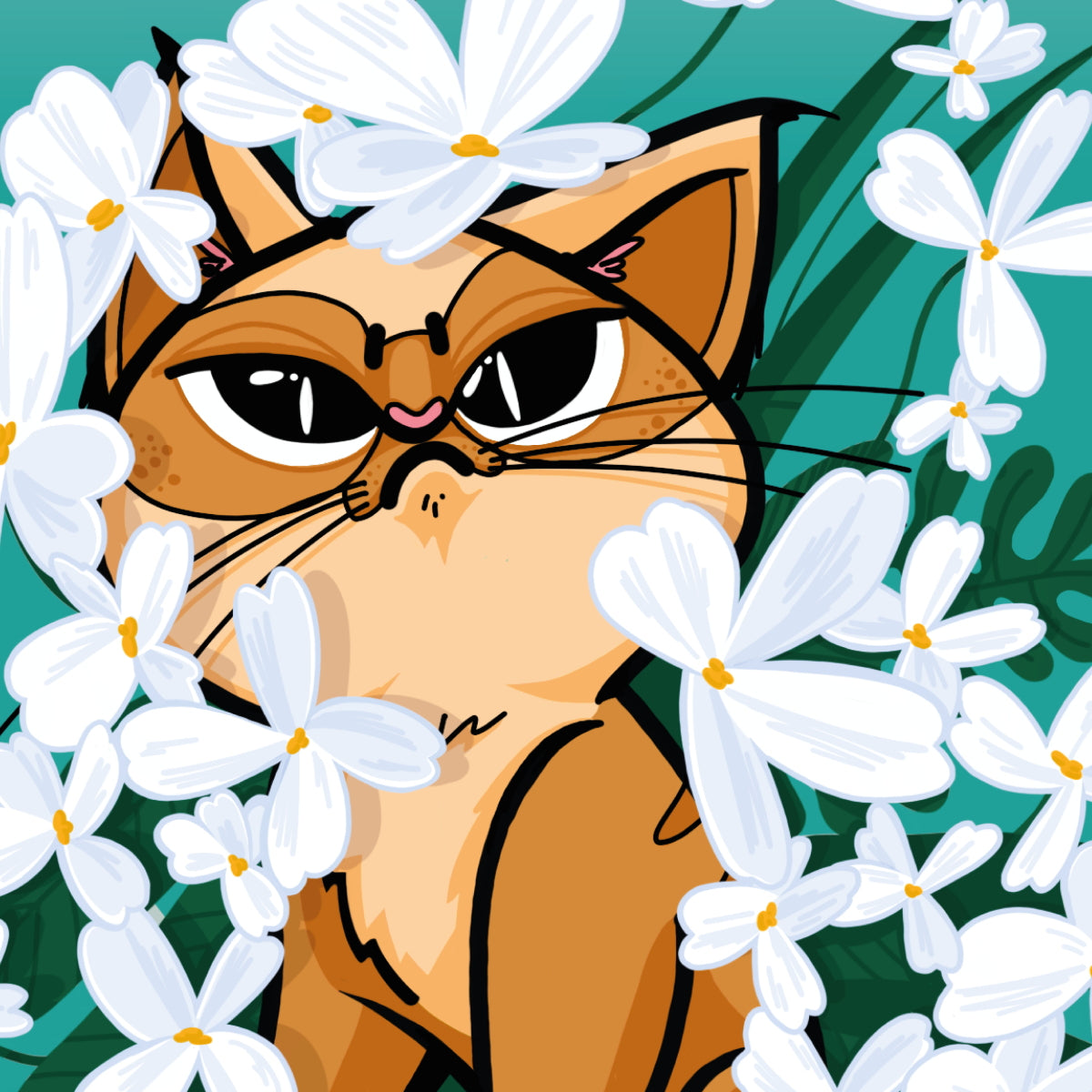 Brown Cat in white flowerbed