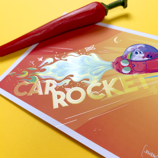 Carte postale JULIESBUDDIES "Carrocket" Lapin sur Carotte Cosmique