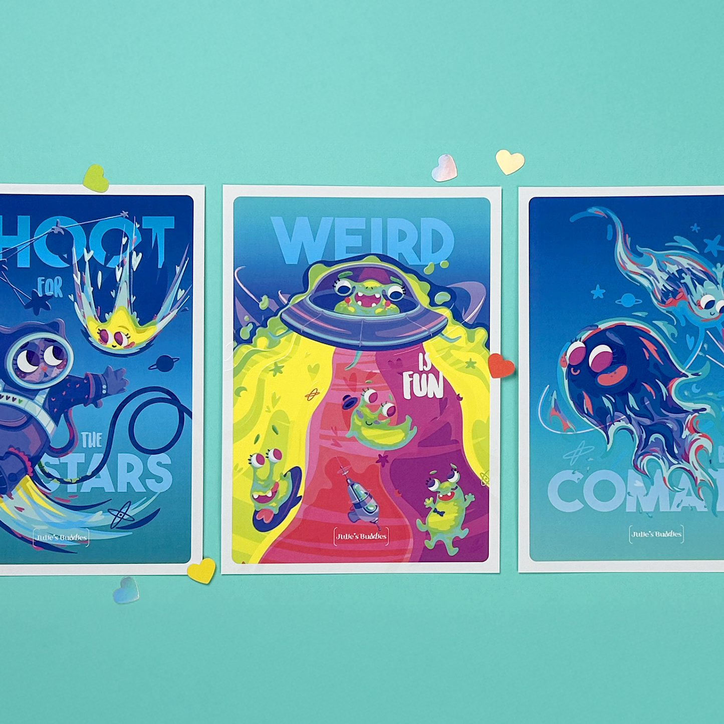 JULIESBUDDIES Postcard “Weird is Fun” Playful Alien Friends