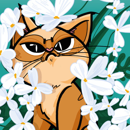 Brown Cat in white flowerbed