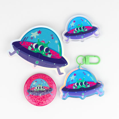 JULIESBUDDIES Badge Rond en métal "Extraterrestre mignon en OVNI"