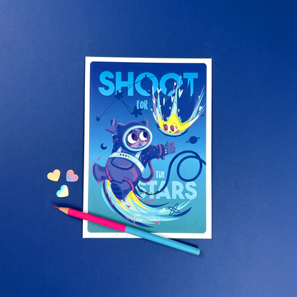 Carte postale JULIESBUDDIES “Shoot for the Stars” Chat Astronaute et étoile filante