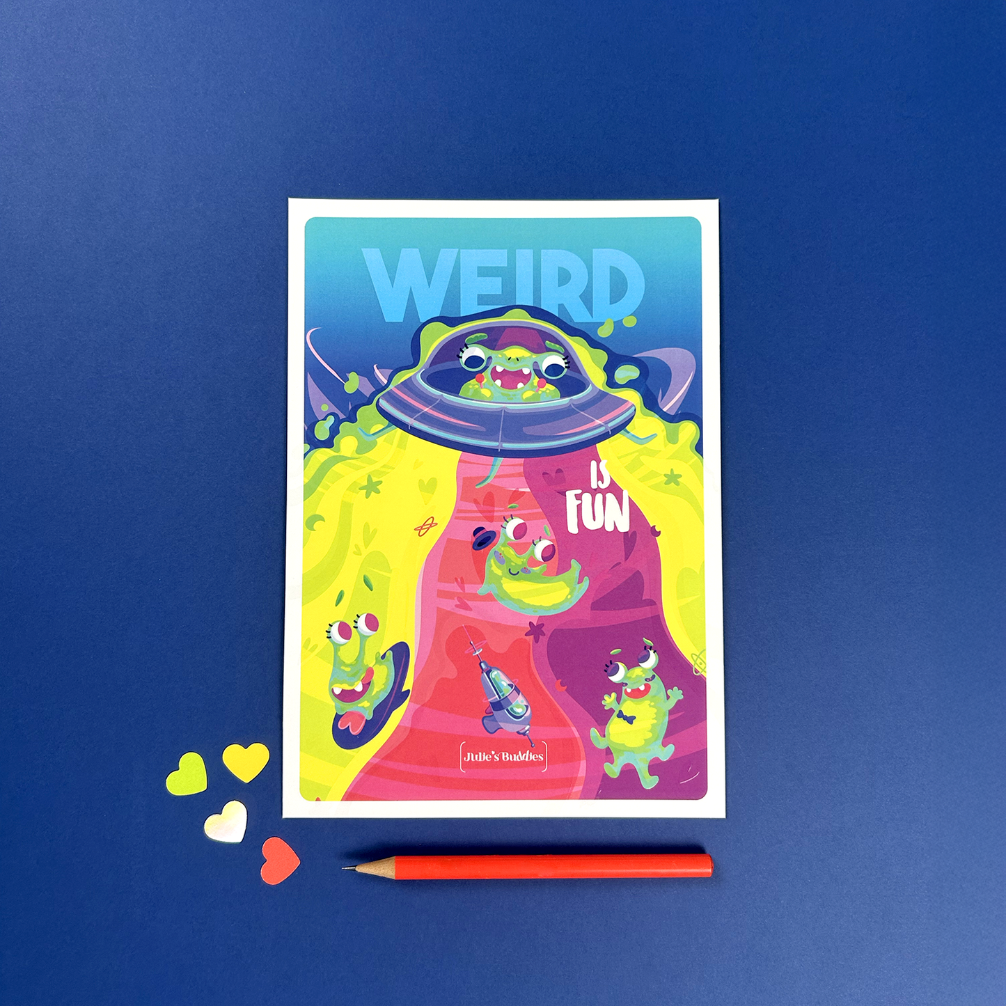 JULIESBUDDIES Postcard “Weird is Fun” Playful Alien Friends