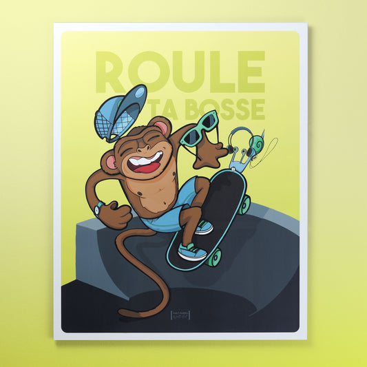 Affiche singe au skate board